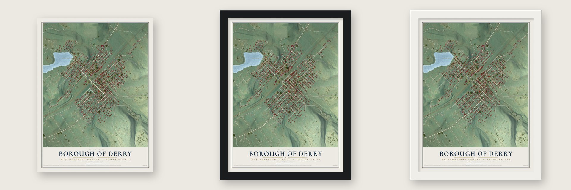 Borough of Derry, Westmoreland County, Pennsylvania map unframed, in a black wood frame and in a white wood frame