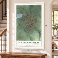 Borough of Derry, Westmoreland County, Pennsylvania map, 24 x 36 inch print in a white frame by a staircase