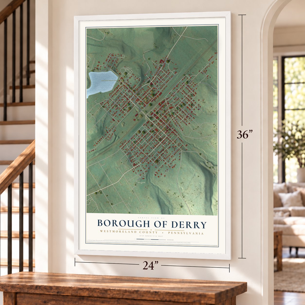 Borough of Derry, Westmoreland County, Pennsylvania map, 24 x 36 inch print in a white frame by a staircase