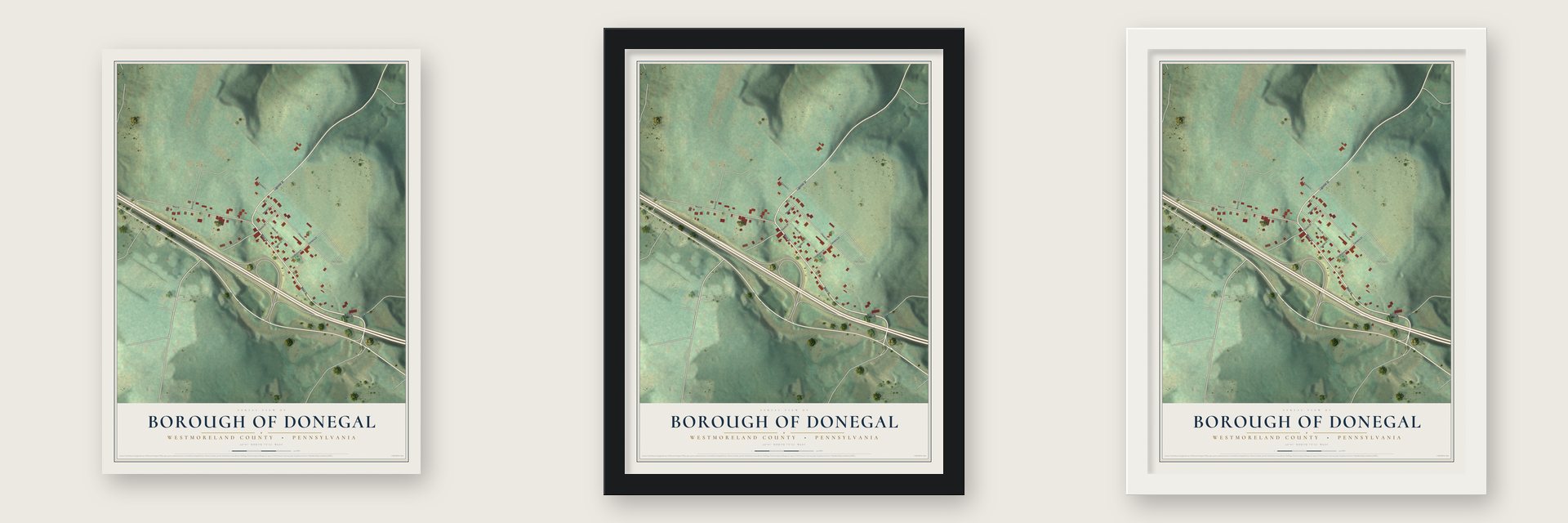 Borough of Donegal, Westmoreland County, Pennsylvania map unframed, in a black wood frame and in a white wood frame