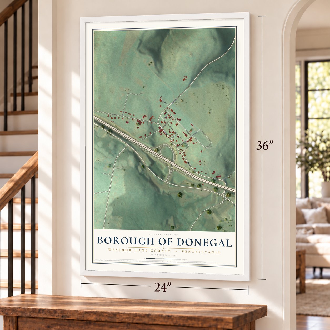 Borough of Donegal, Westmoreland County, Pennsylvania map, 24 x 36 inch print in a white frame by a staircase