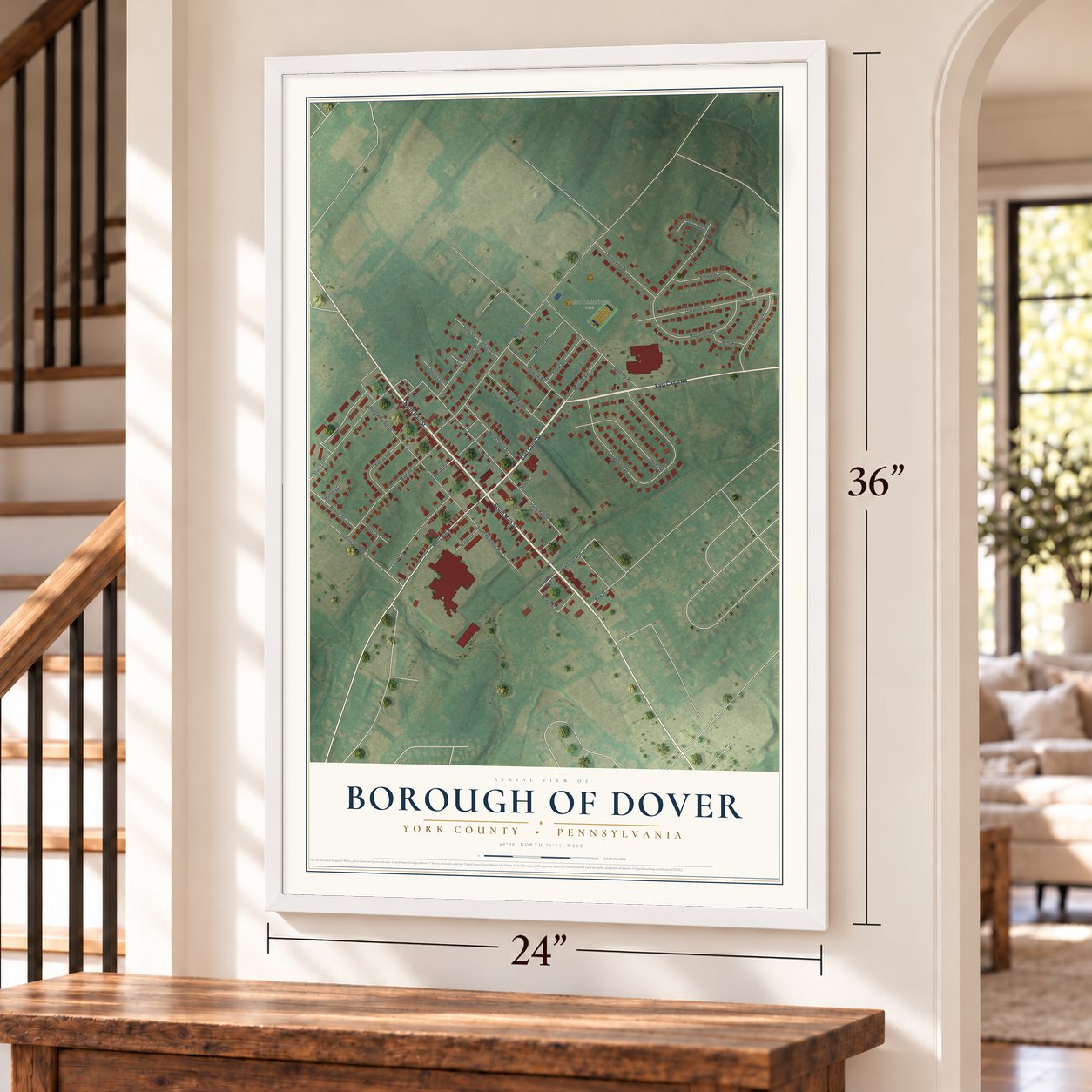 Borough of Dover, York County, Pennsylvania map, 24 x 36 inch print in a white frame by a staircase