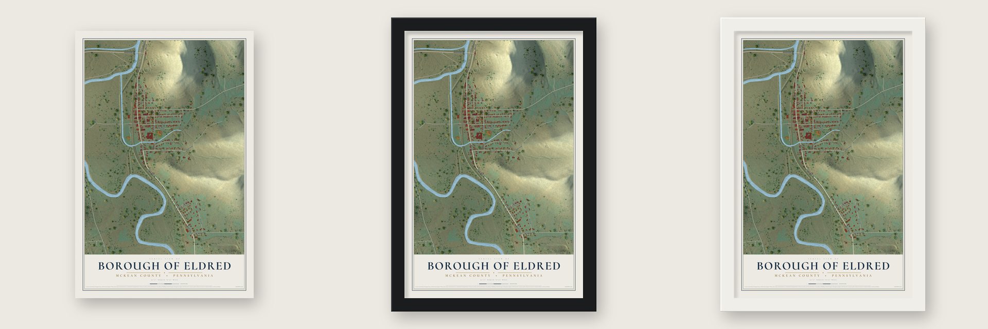 Borough of Eldred, McKean County, Pennsylvania map unframed, in a black wood frame and in a white wood frame