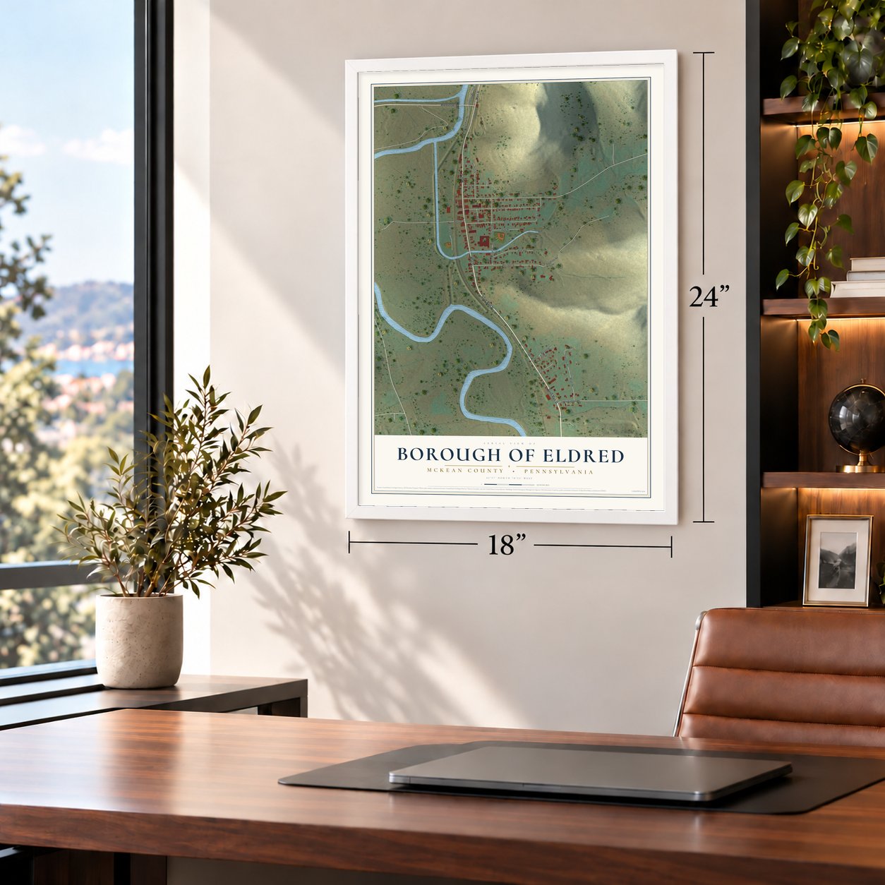 Borough of Eldred, McKean County, Pennsylvania map, 18 x 24 inch print in a white frame in a home office