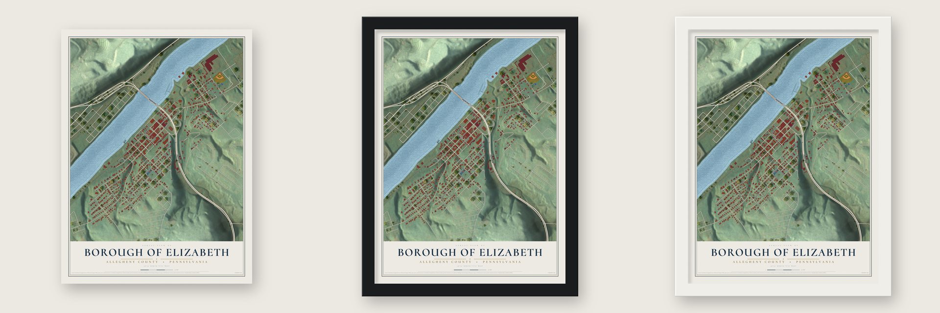 Borough of Elizabeth, Allegheny County, Pennsylvania map unframed, in a black wood frame and in a white wood frame
