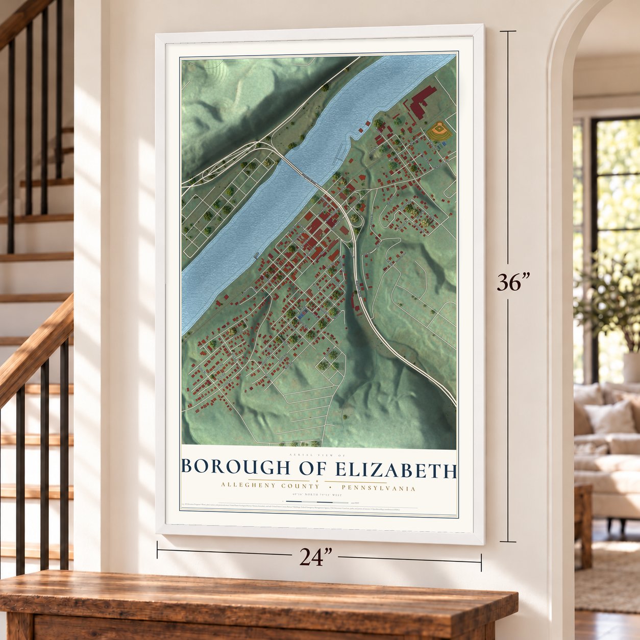 Borough of Elizabeth, Allegheny County, Pennsylvania map, 24 x 36 inch print in a white frame by a staircase