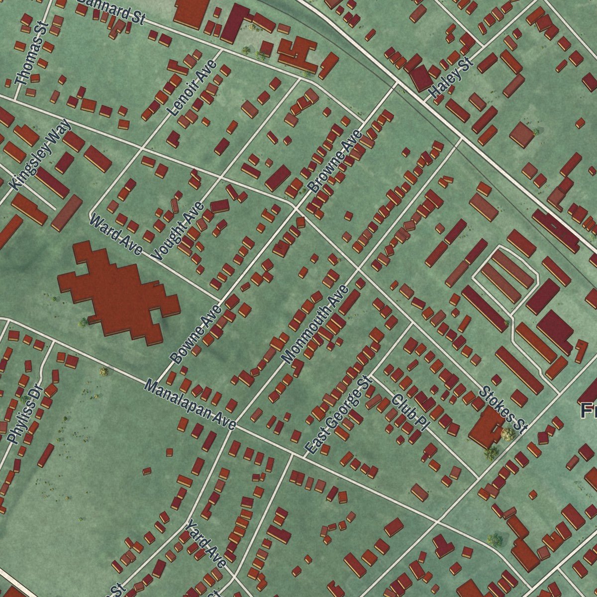 Second close-up of the map of the Borough of Freehold, Monmouth County, New Jersey print showing more streets and buildings