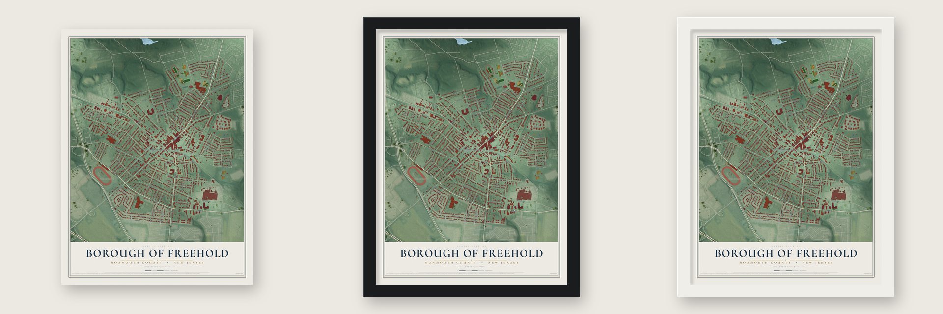 Borough of Freehold, Monmouth County, New Jersey map unframed, in a black wood frame and in a white wood frame