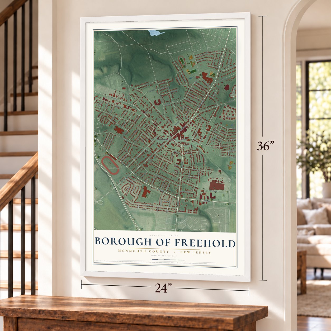 Borough of Freehold, Monmouth County, New Jersey map, 24 x 36 inch print in a white frame by a staircase