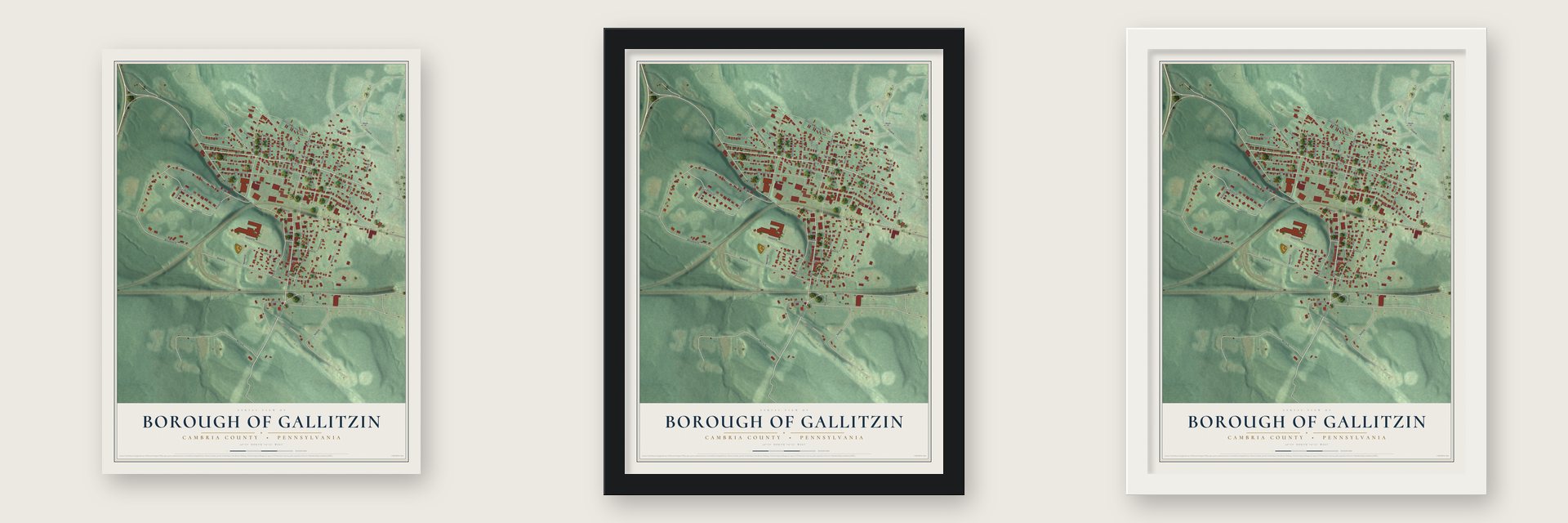 Borough of Gallitzin, Cambria County, Pennsylvania map unframed, in a black wood frame and in a white wood frame