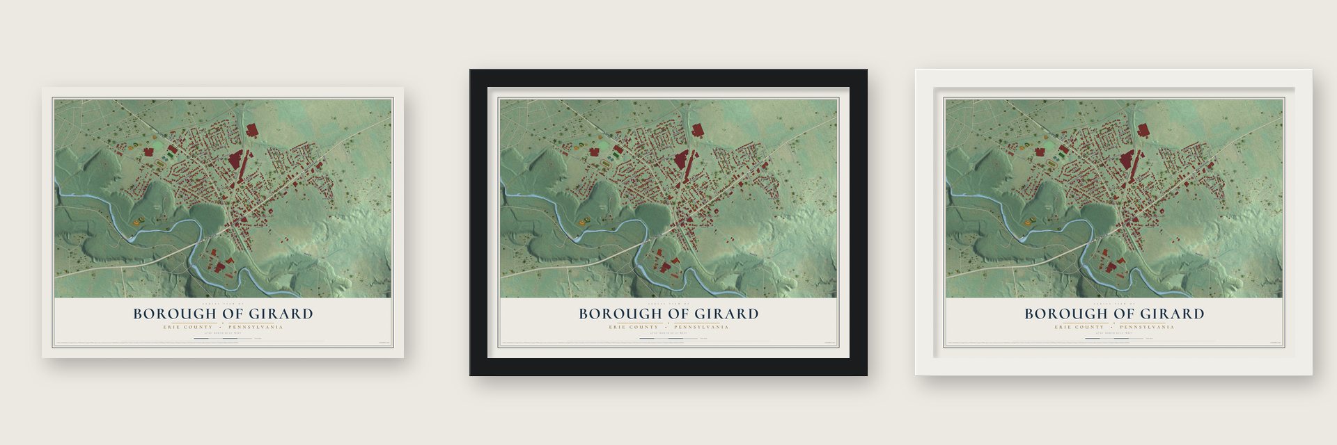 Borough of Girard, Erie County, Pennsylvania map unframed, in a black wood frame and in a white wood frame