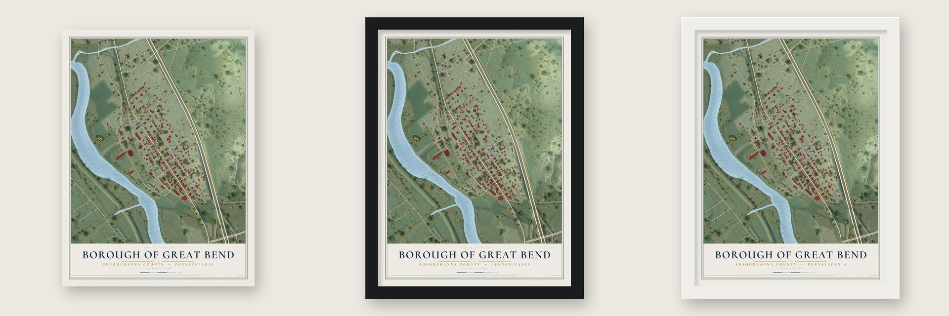 Borough of Great Bend, Susquehanna County, Pennsylvania map unframed, in a black wood frame and in a white wood frame