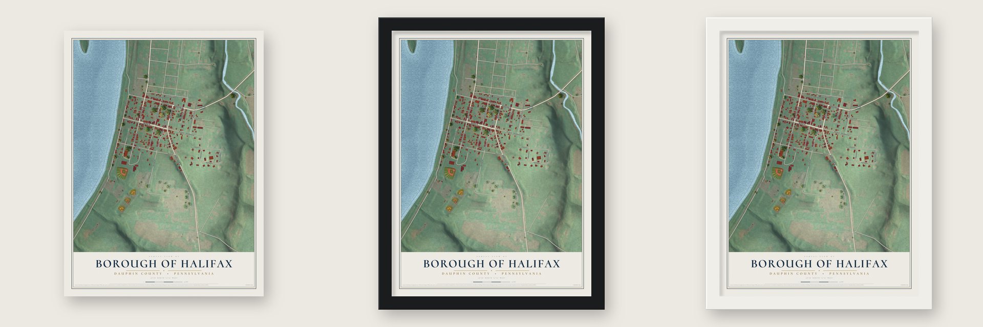 Borough of Halifax, Dauphin County, Pennsylvania map unframed, in a black wood frame and in a white wood frame