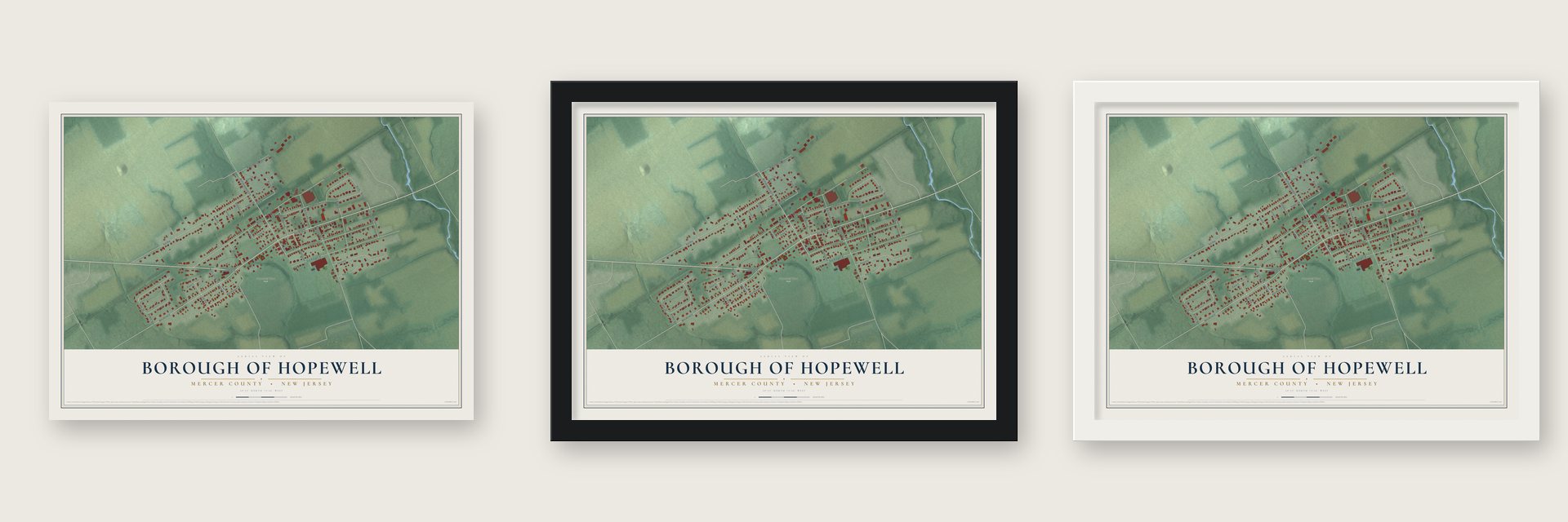 Borough of Hopewell, Mercer County, New Jersey map unframed, in a black wood frame and in a white wood frame