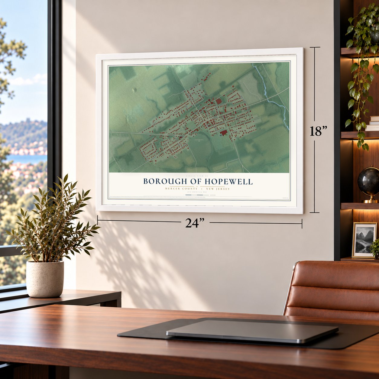 Borough of Hopewell, Mercer County, New Jersey map, 18 x 24 inch print in a white frame in a home office