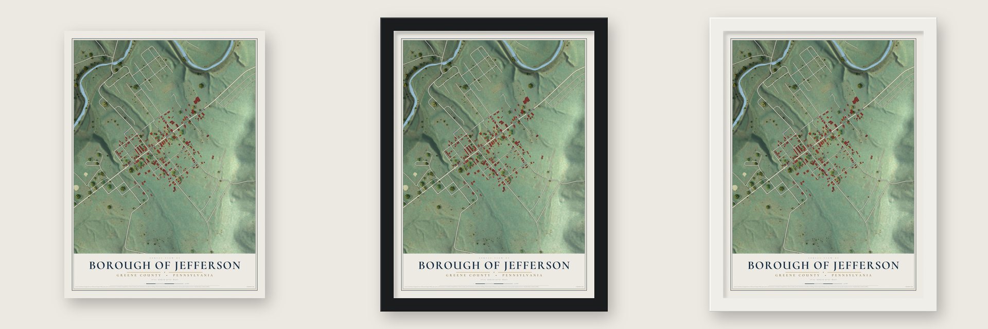 Borough of Jefferson, Greene County, Pennsylvania map unframed, in a black wood frame and in a white wood frame
