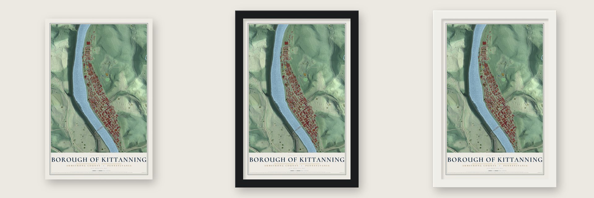 Borough of Kittanning, Armstrong County, Pennsylvania map unframed, in a black wood frame and in a white wood frame