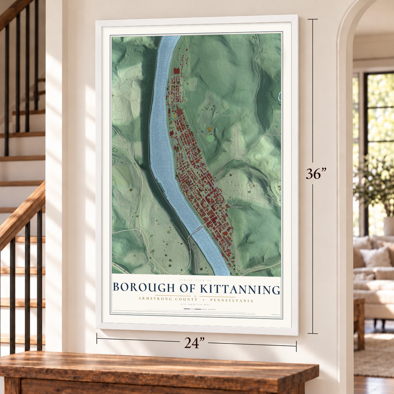 Borough of Kittanning, Armstrong County, Pennsylvania map, 24 x 36 inch print in a white frame by a staircase
