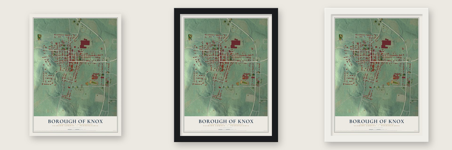 Borough of Knox, Clarion County, Pennsylvania map unframed, in a black wood frame and in a white wood frame