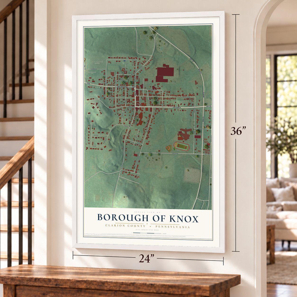 Borough of Knox, Clarion County, Pennsylvania map, 24 x 36 inch print in a white frame by a staircase