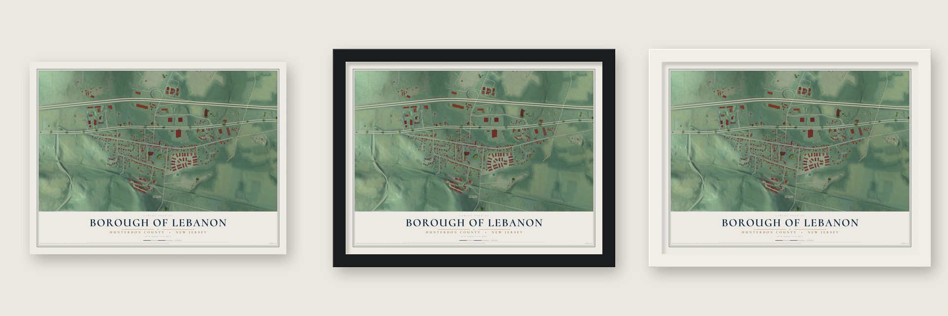 Borough of Lebanon, Hunterdon County, New Jersey map unframed, in a black wood frame and in a white wood frame
