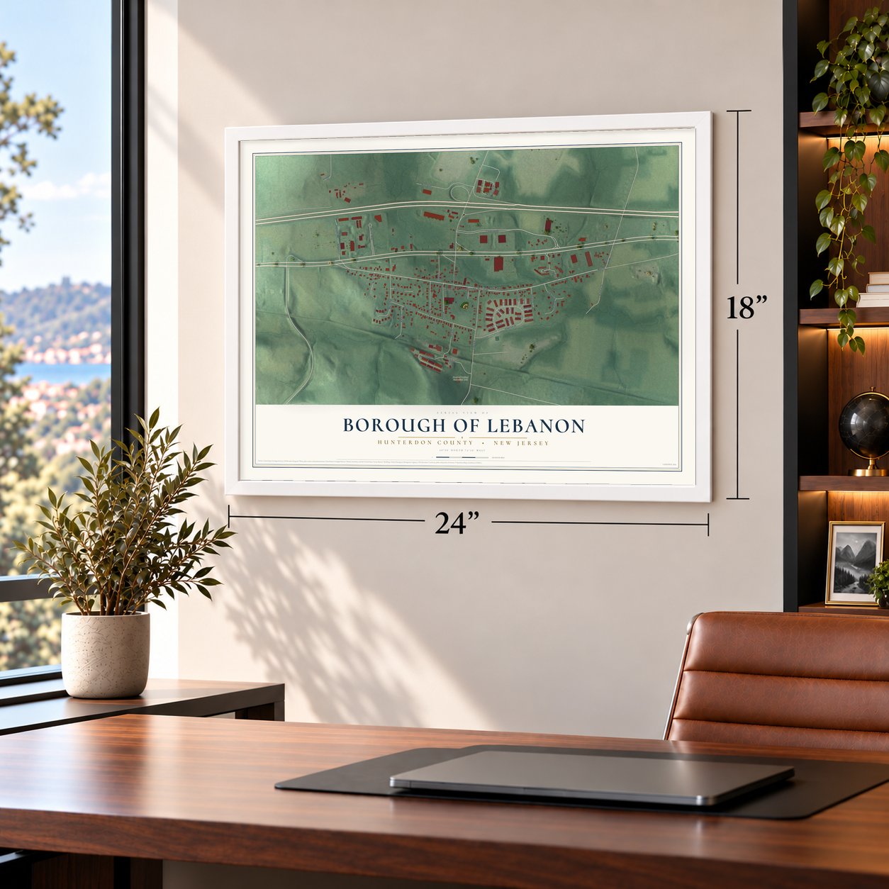 Borough of Lebanon, Hunterdon County, New Jersey map, 18 x 24 inch print in a white frame in a home office