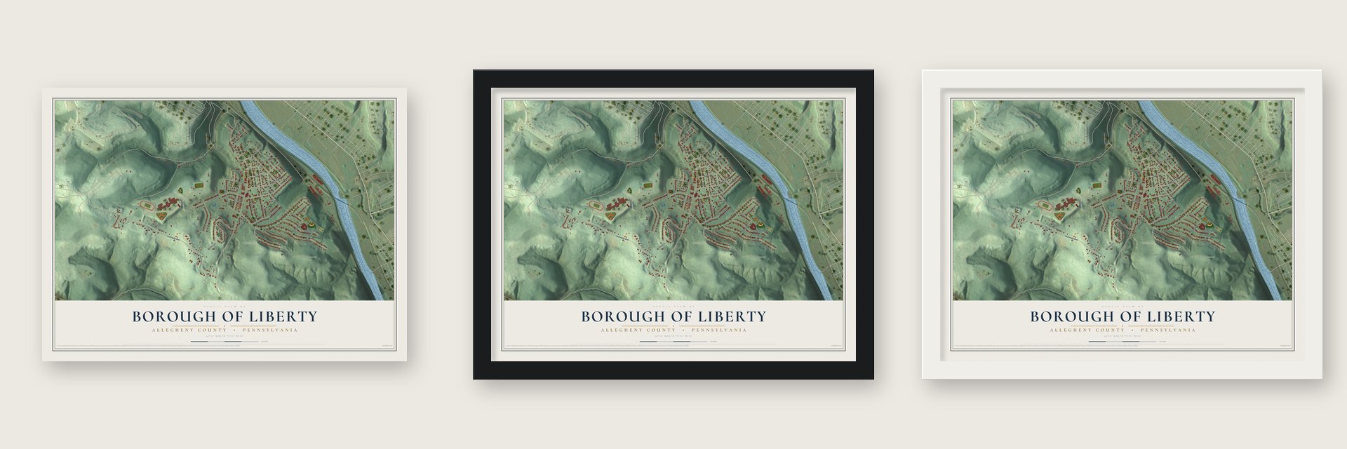 Borough of Liberty, Allegheny County, Pennsylvania map unframed, in a black wood frame and in a white wood frame