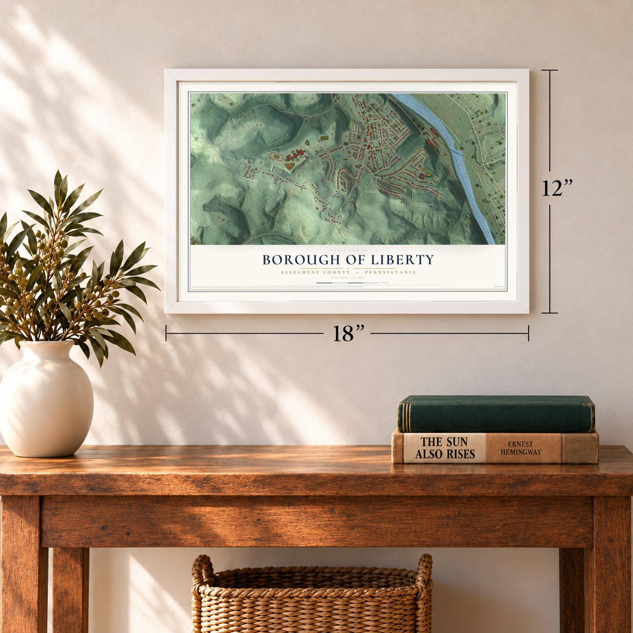 Borough of Liberty, Allegheny County, Pennsylvania map, 12 x 18 inch print in a white frame in an entryway