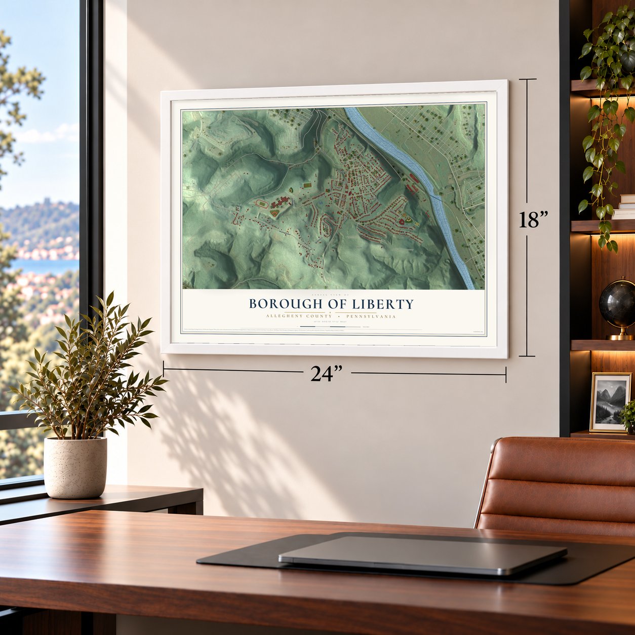 Borough of Liberty, Allegheny County, Pennsylvania map, 18 x 24 inch print in a white frame in a home office