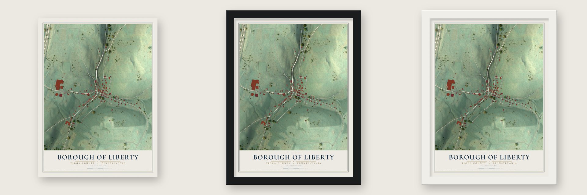 Borough of Liberty, Tioga County, Pennsylvania map unframed, in a black wood frame and in a white wood frame