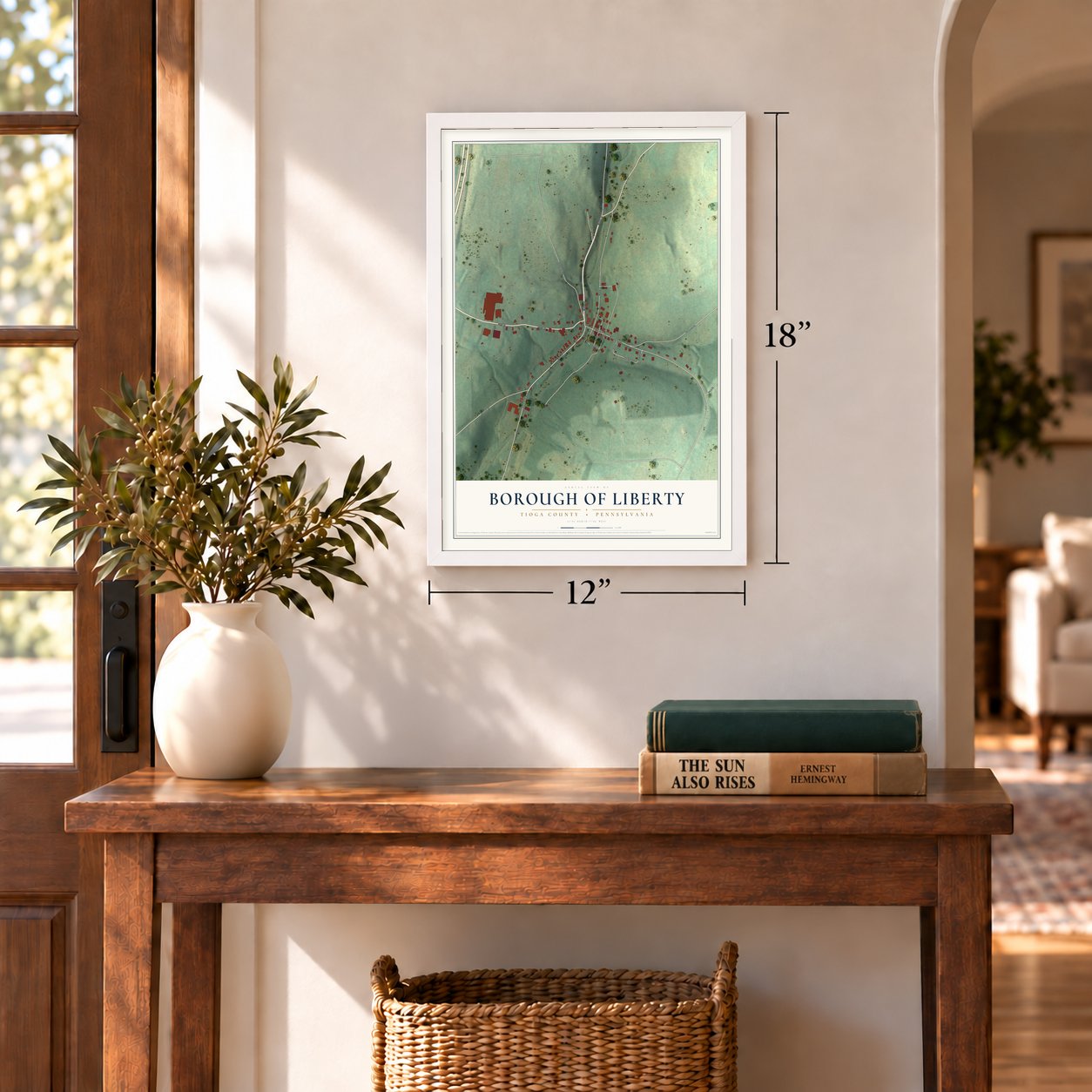 Borough of Liberty, Tioga County, Pennsylvania map, 12 x 18 inch print in a white frame in an entryway