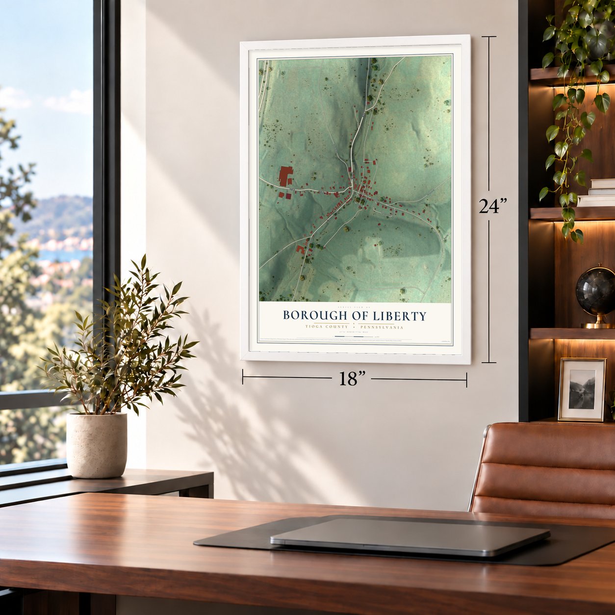 Borough of Liberty, Tioga County, Pennsylvania map, 18 x 24 inch print in a white frame in a home office
