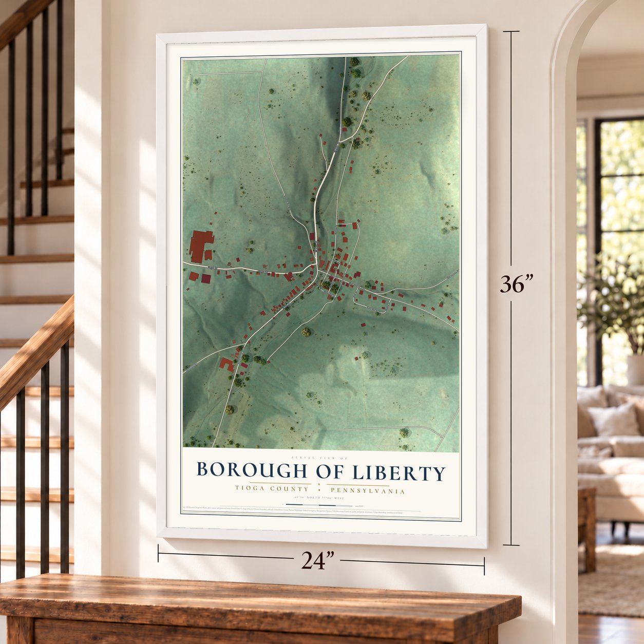Borough of Liberty, Tioga County, Pennsylvania map, 24 x 36 inch print in a white frame by a staircase