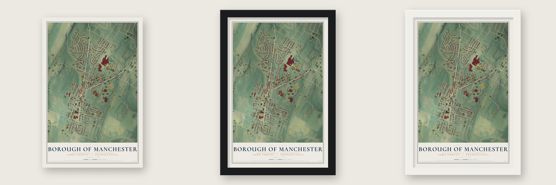 Borough of Manchester, York County, Pennsylvania map unframed, in a black wood frame and in a white wood frame