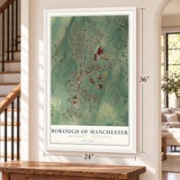 Borough of Manchester, York County, Pennsylvania map, 24 x 36 inch print in a white frame by a staircase