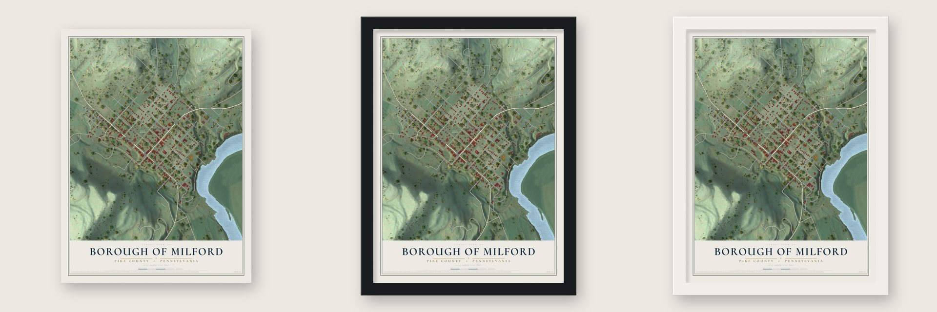 Borough of Milford, Pike County, Pennsylvania map unframed, in a black wood frame and in a white wood frame