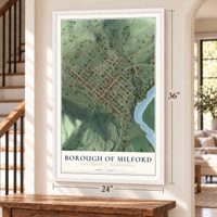Borough of Milford, Pike County, Pennsylvania map, 24 x 36 inch print in a white frame by a staircase