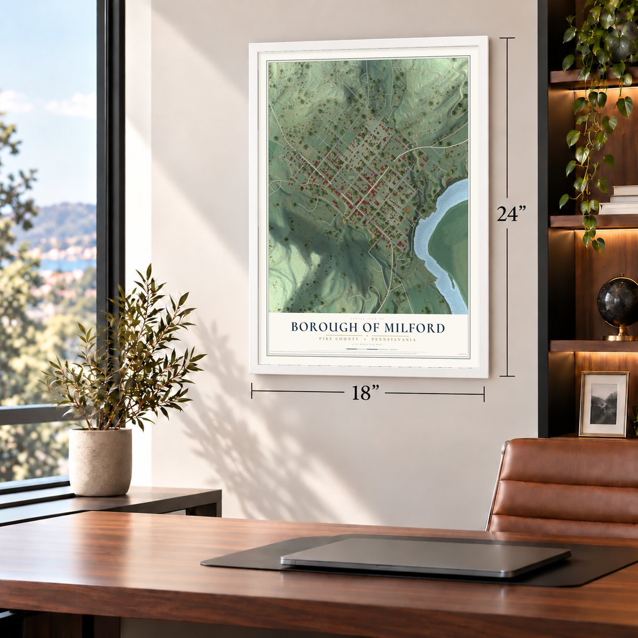 Borough of Milford, Pike County, Pennsylvania map, 18 x 24 inch print in a white frame in a home office