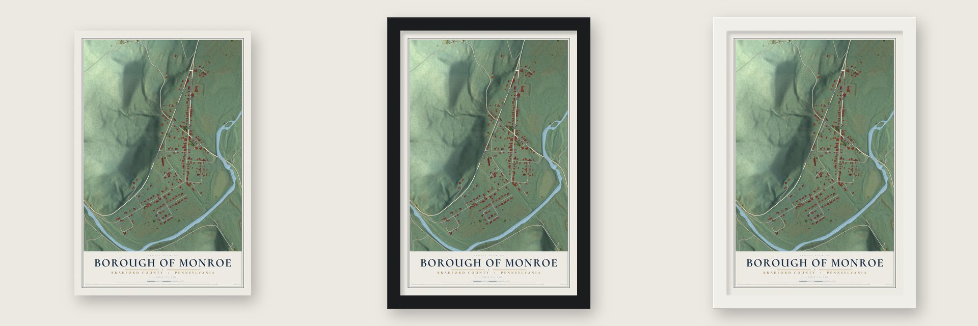 Borough of Monroe, Bradford County, Pennsylvania map unframed, in a black wood frame and in a white wood frame