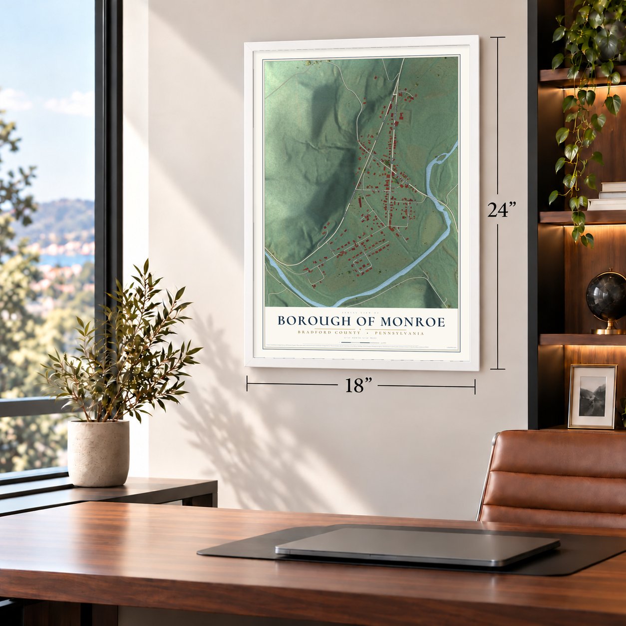 Borough of Monroe, Bradford County, Pennsylvania map, 18 x 24 inch print in a white frame in a home office