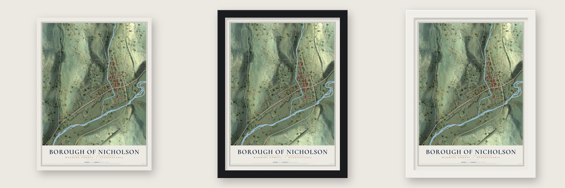 Borough of Nicholson, Wyoming County, Pennsylvania map unframed, in a black wood frame and in a white wood frame