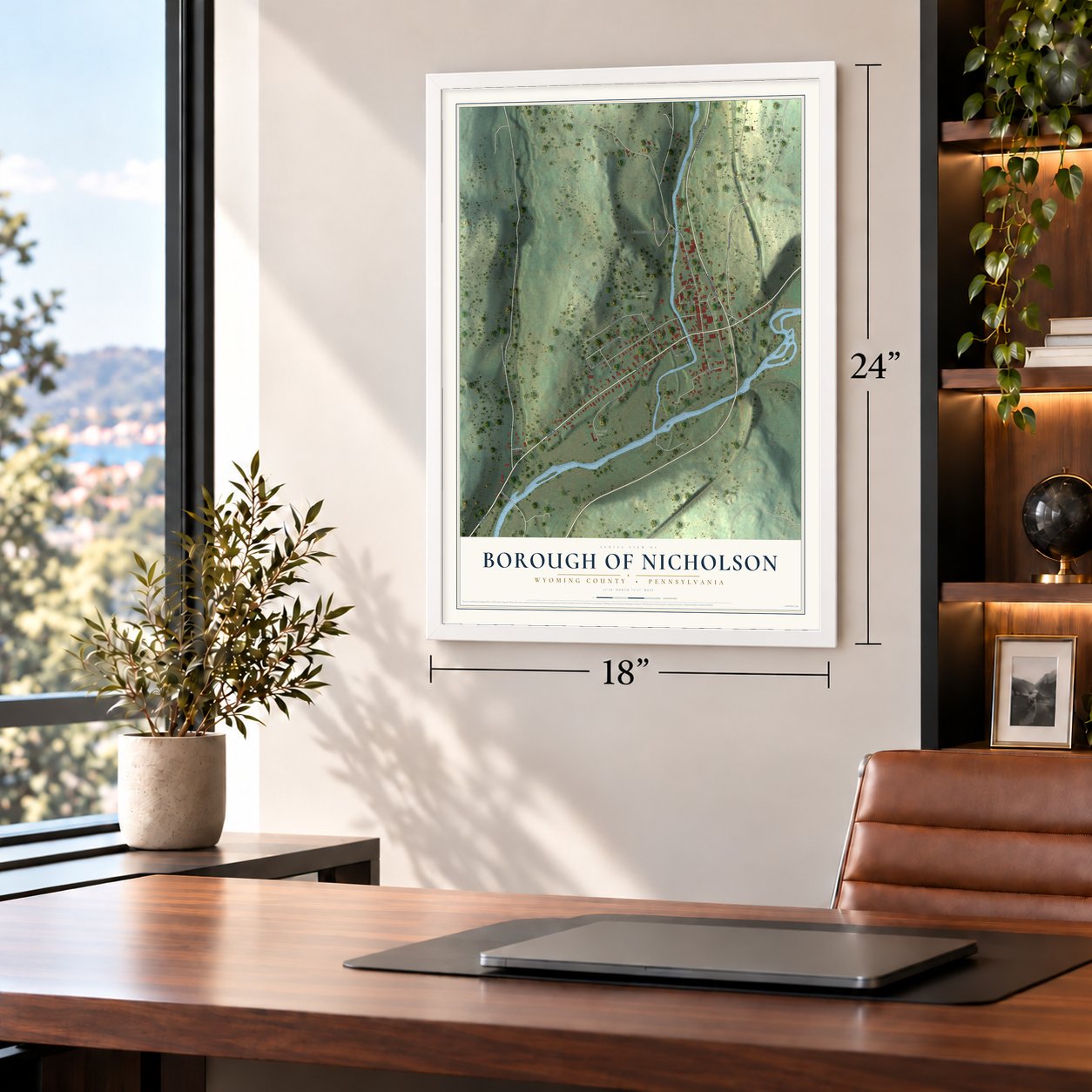 Borough of Nicholson, Wyoming County, Pennsylvania map, 18 x 24 inch print in a white frame in a home office