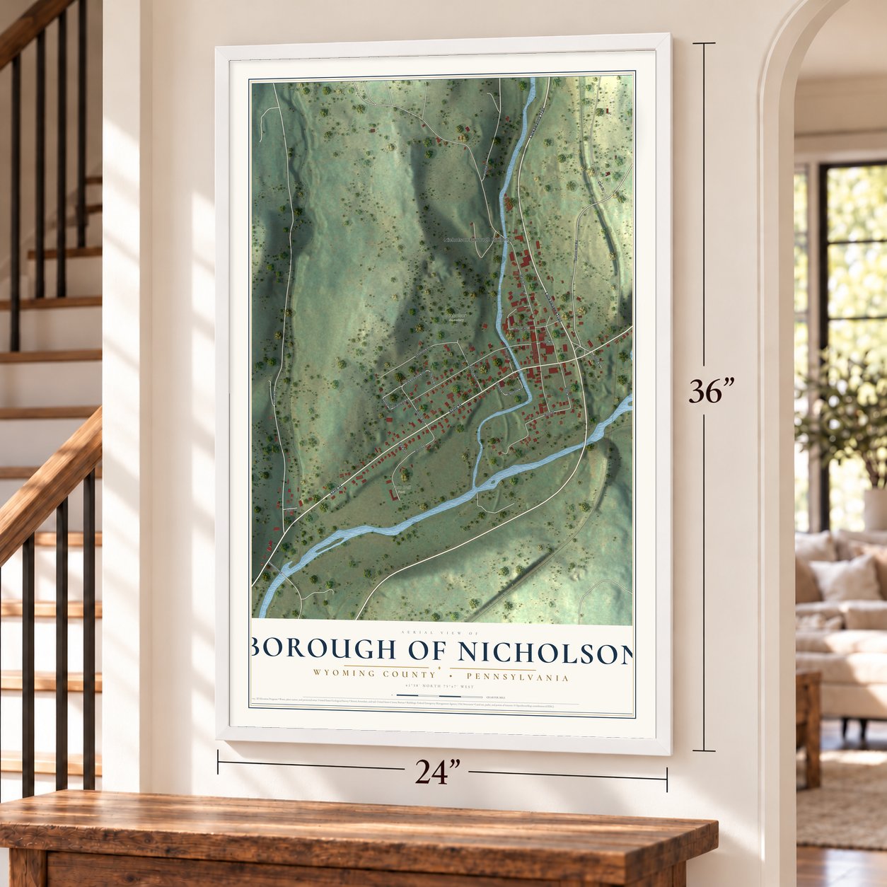 Borough of Nicholson, Wyoming County, Pennsylvania map, 24 x 36 inch print in a white frame by a staircase