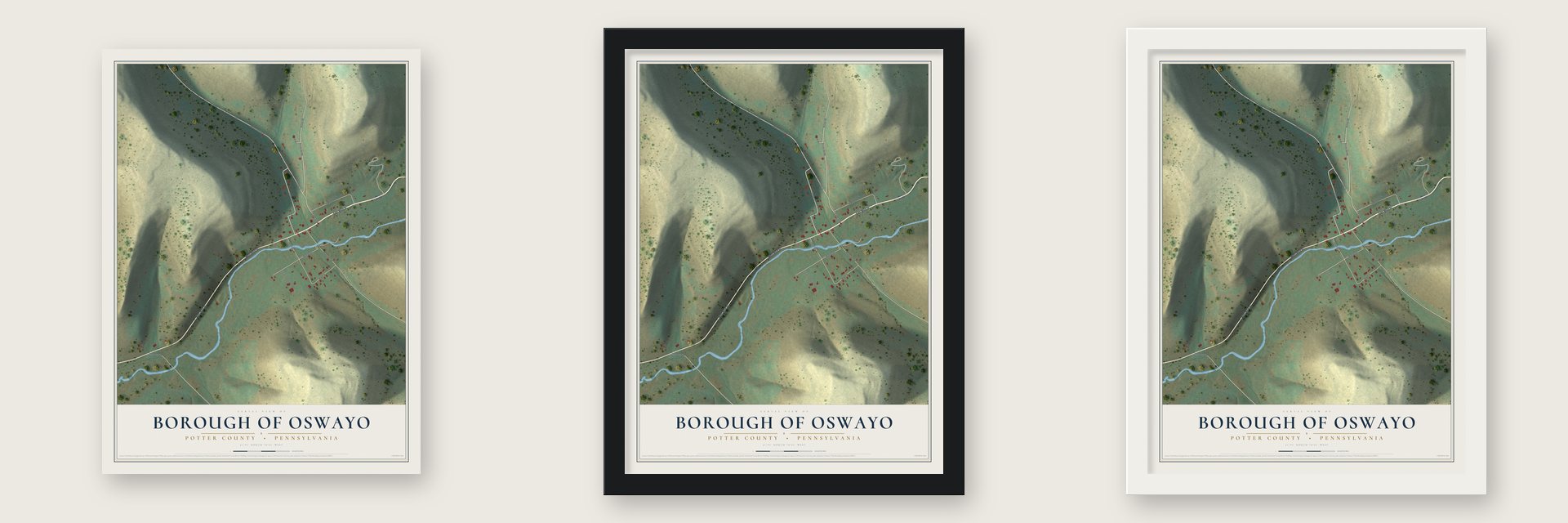 Borough of Oswayo, Potter County, Pennsylvania map unframed, in a black wood frame and in a white wood frame