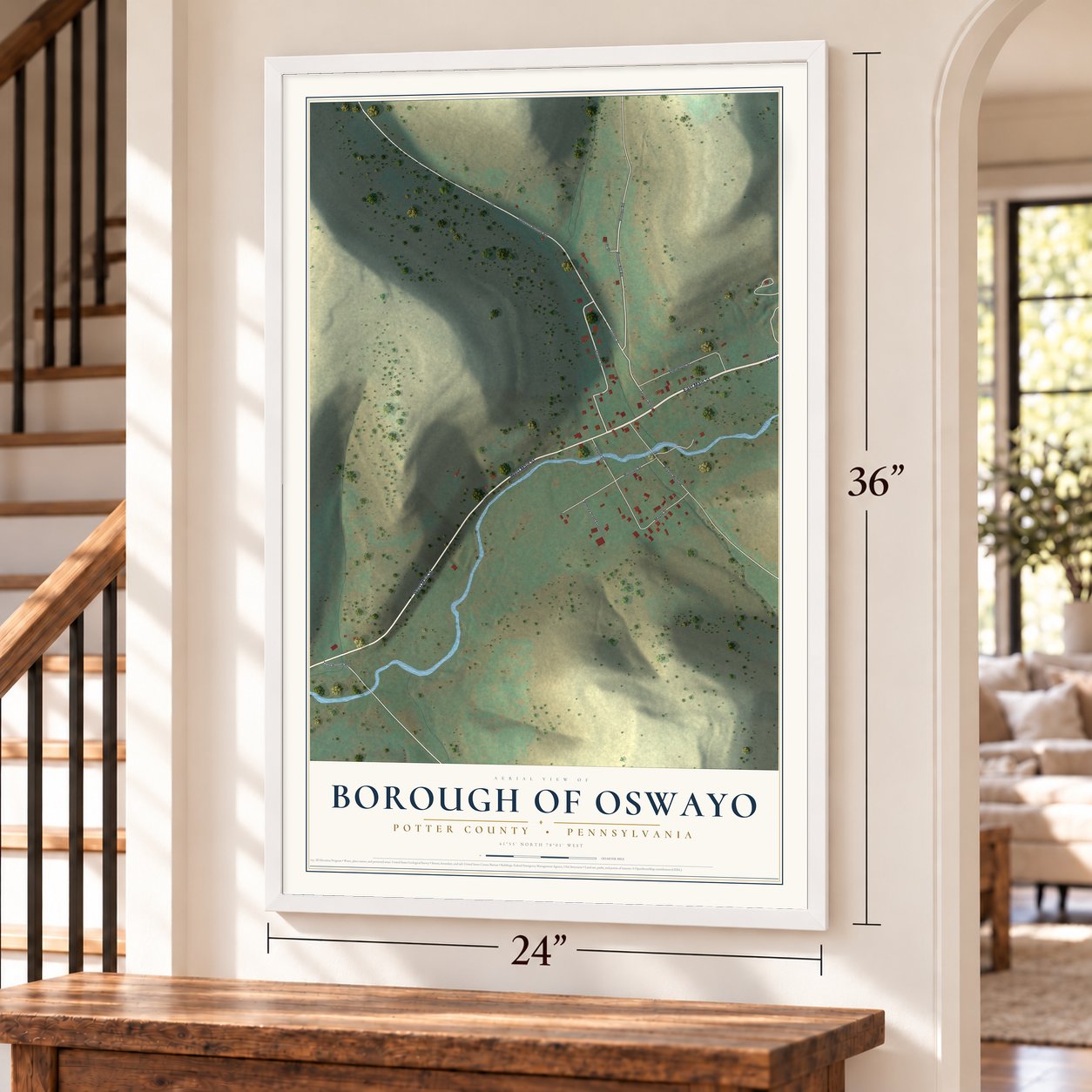 Borough of Oswayo, Potter County, Pennsylvania map, 24 x 36 inch print in a white frame by a staircase
