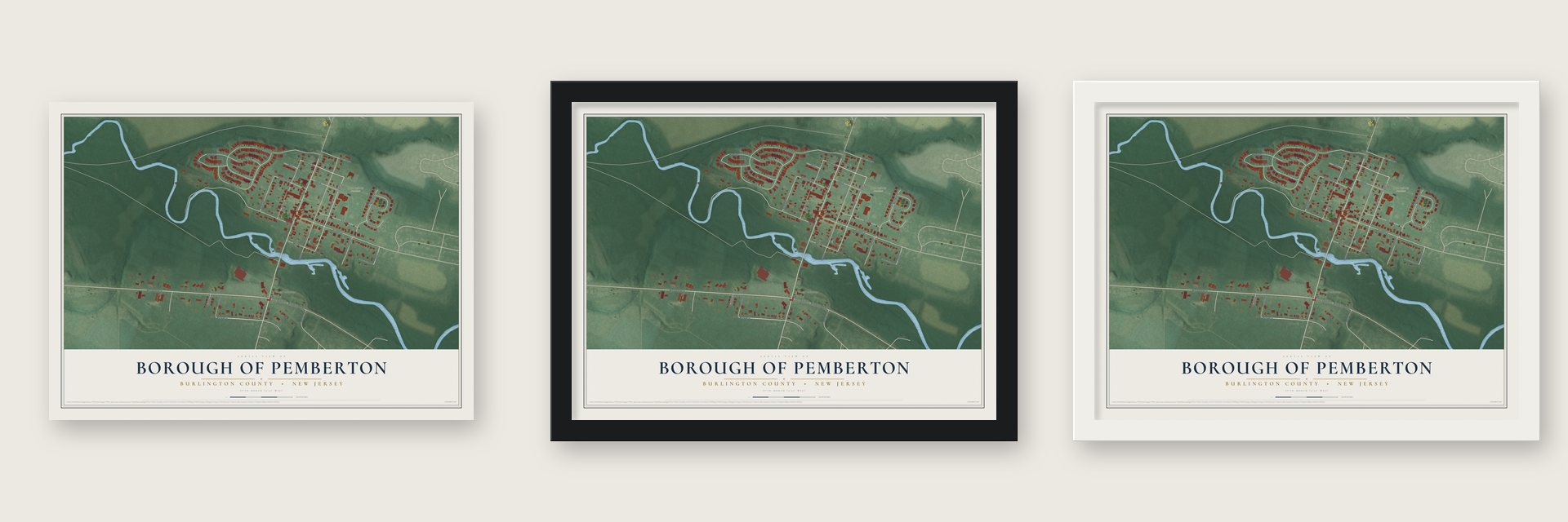 Borough of Pemberton, Burlington County, New Jersey map unframed, in a black wood frame and in a white wood frame
