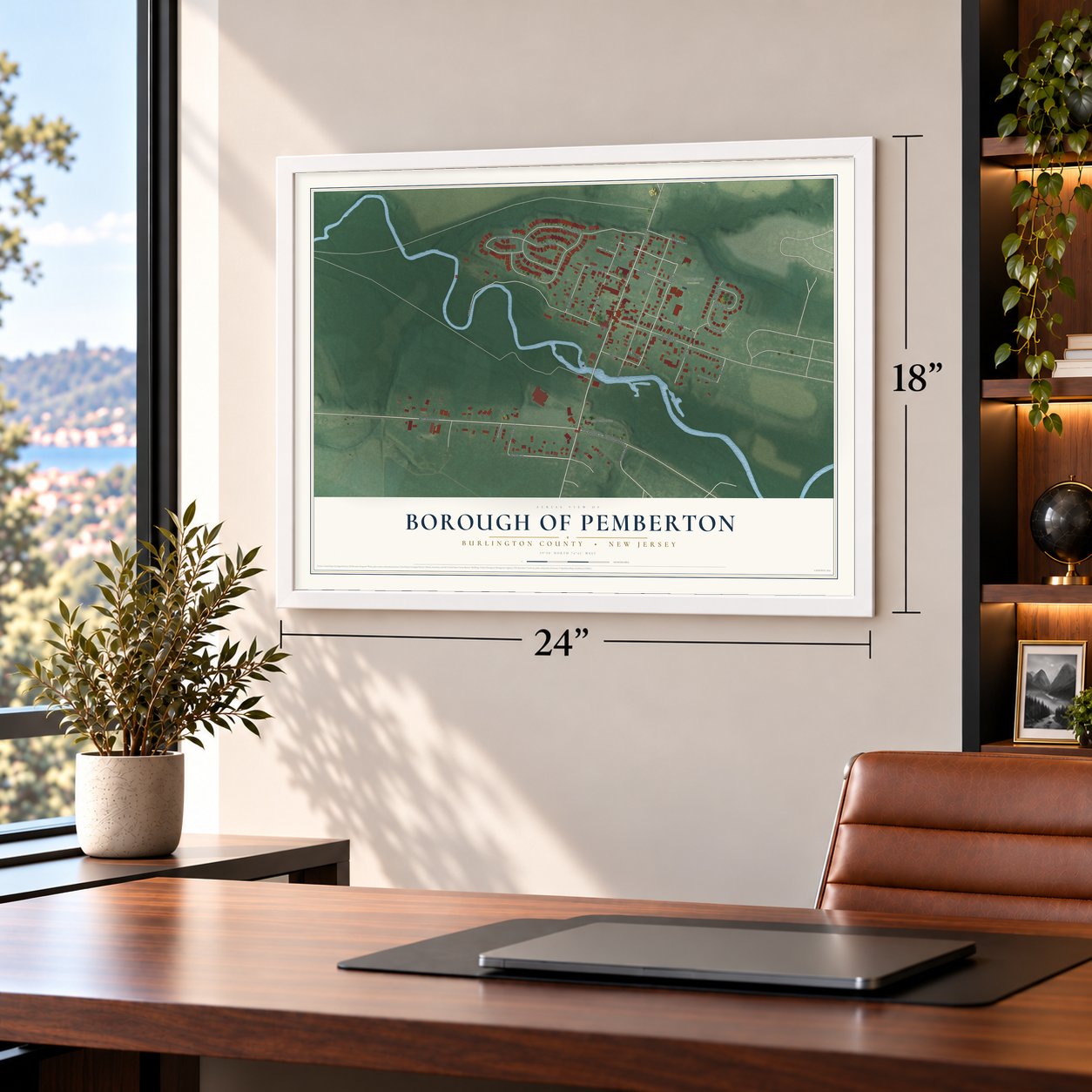 Borough of Pemberton, Burlington County, New Jersey map, 18 x 24 inch print in a white frame in a home office