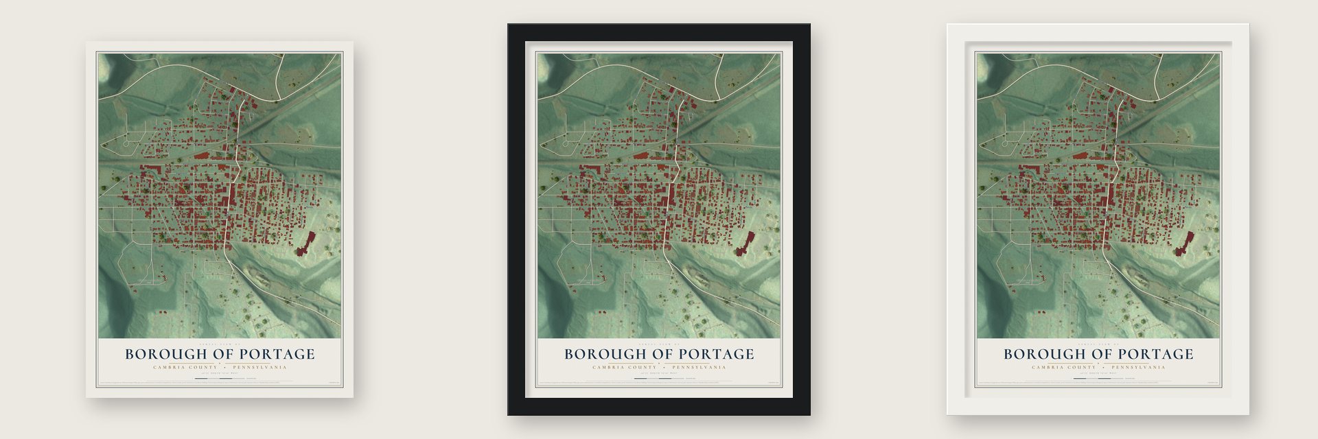 Borough of Portage, Cambria County, Pennsylvania map unframed, in a black wood frame and in a white wood frame
