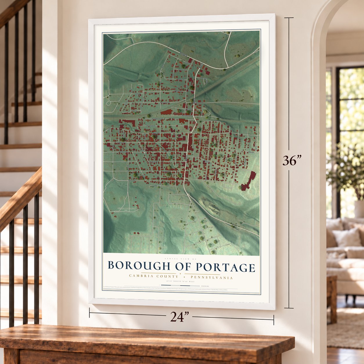 Borough of Portage, Cambria County, Pennsylvania map, 24 x 36 inch print in a white frame by a staircase