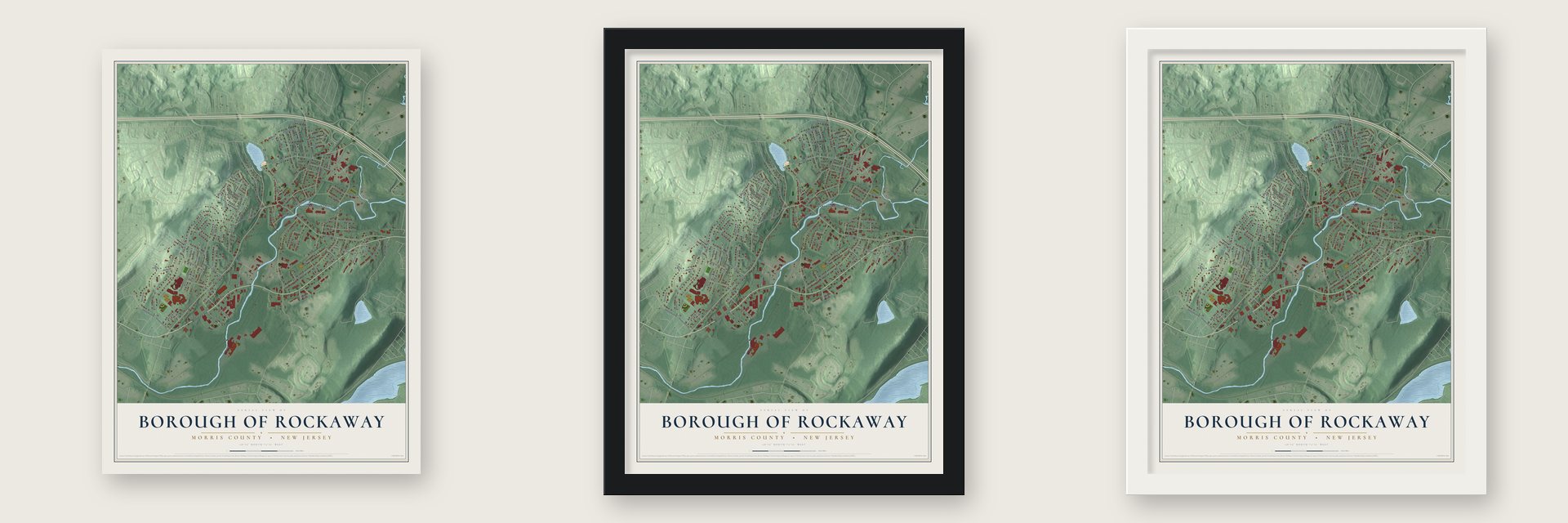 Borough of Rockaway, Morris County, New Jersey map unframed, in a black wood frame and in a white wood frame